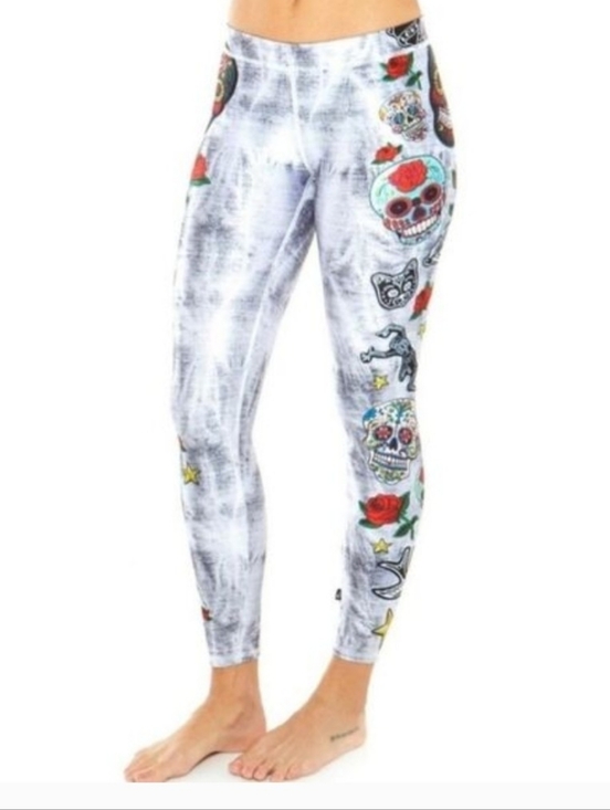 Terez Pants - Terez Day of The Dead Print Leggings in White and Multicolor Girls XL=Womens XS